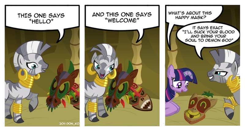 Size: 1024x551 | Tagged: safe, artist:don-ko, derpibooru import, twilight sparkle, zecora, pony, zebra, bridle gossip, comic, female, mare, mask, twilight flopple