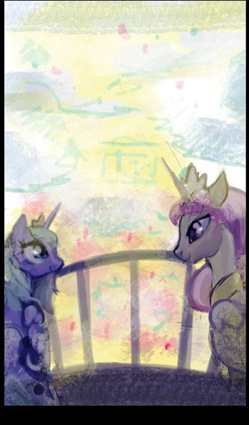 Size: 400x681 | Tagged: safe, artist:electrixocket, derpibooru import, princess celestia, princess luna, alicorn, pony, balcony, eye contact, female, looking at each other, mare, photoshop, s1 luna