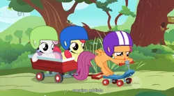 Size: 854x473 | Tagged: apple bloom, cocaine, cutie mark crusaders, derpibooru import, drugs, safe, scootaloo, scooter, screencap, sweetie belle, youtube caption