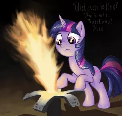 Size: 1100x1046 | Tagged: safe, artist:gsphere, derpibooru import, twilight sparkle, pony, unicorn, amnesia the dark descent, crossover, female, fire, frown, mare, solo, text, unicorn twilight