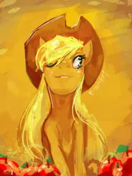 Size: 1172x1563 | Tagged: safe, artist:electrixocket, derpibooru import, applejack, earth pony, pony, abstract background, female, mare, photoshop, smiling, solo