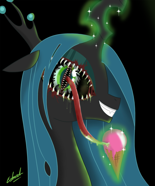 Size: 1280x1536 | Tagged: grimdark, grotesque, artist:edvedd, derpibooru import, queen chrysalis, changeling, changeling queen, black background, bust, drool, eye, eye scream, female, floppy ears, glowing horn, grin, horn, ice cream, image, levitation, licking, magic, mutant, mutation, nightmare fuel, png, portrait, pun, signature, simple background, smiling, talk about eye candy, teeth, telekinesis, tongue out, visual pun