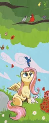Size: 600x1500 | Tagged: dead source, safe, artist:stripems, derpibooru import, fluttershy, bird, butterfly, pegasus, pony, rabbit, animal, female, flower, grass, looking at something, looking up, mare, open mouth, outdoors, raised hoof, sitting, solo, spread wings, under the tree, wings