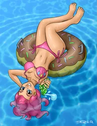 Size: 835x1080 | Tagged: artist:pluckyninja, barefoot, belly button, bikini, breasts, busty pinkie pie, clothes, derpibooru import, donut, feet, female, humanized, pinkie pie, solo, solo female, suggestive, swimming pool, swimsuit, watergun, wet, wet mane, wide hips