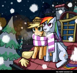 Size: 740x699 | Tagged: dead source, safe, artist:lentoto, derpibooru import, applejack, rainbow dash, earth pony, pegasus, pony, appledash, clothes, female, lesbian, mare, night, paint tool sai, rooftop, scarf, shared clothing, shared scarf, shipping, sitting