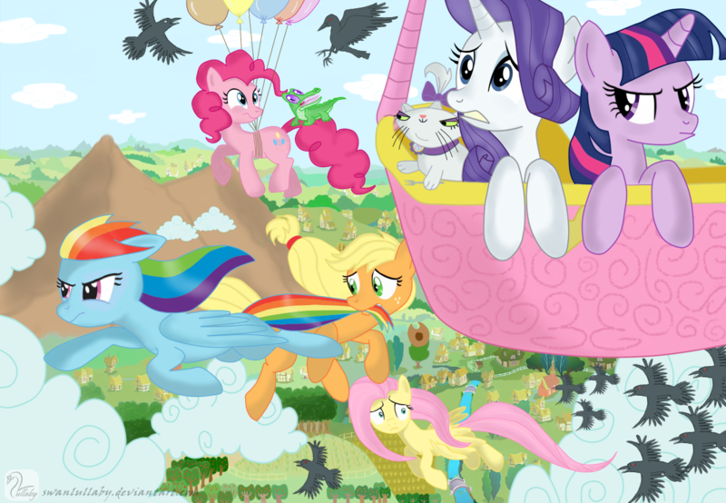 Size: 1300x900 | Tagged: applejack, artist:swanlullaby, balloon, crow, derpibooru import, fluttershy, flying, gummy, hot air balloon, mane six, opalescence, pinkie pie, rainbow dash, rarity, safe, twilight is not amused, twilight sparkle, twinkling balloon, unamused