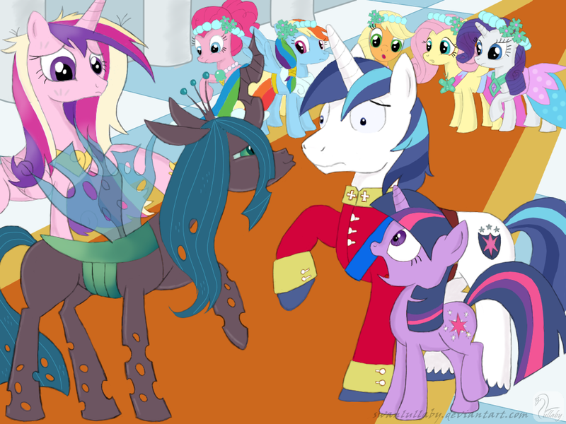 Size: 1024x768 | Tagged: safe, artist:swanlullaby, derpibooru import, applejack, fluttershy, pinkie pie, princess cadance, queen chrysalis, rainbow dash, rarity, shining armor, twilight sparkle, alicorn, changeling, changeling queen, earth pony, pegasus, pony, unicorn, a canterlot wedding, alternate timeline, bruised, deviantart link, female, image, kiss me, male, mane six, mare, png, raised hoof, shocked, signature, stallion