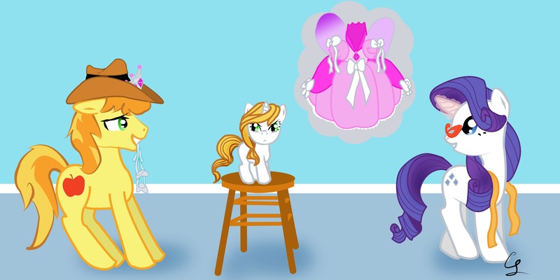 Size: 3600x1800 | Tagged: artist:candysnow-09, blank flank, braeburn, clothes, derpibooru import, dress, family, female, filly, glasses, male, measuring tape, oc, oc:golden apple, offspring, parent:braeburn, parent:rarity, parents:rariburn, rariburn, rarity, rarity's glasses, safe, shipping, straight