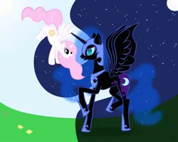 Size: 1280x1024 | Tagged: safe, artist:mrbastoff, derpibooru import, nightmare moon, princess celestia, alicorn, pony, armor, cewestia, cute, duo, ethereal mane, female, filly, mare, pink-mane celestia, sisters, starry mane, younger