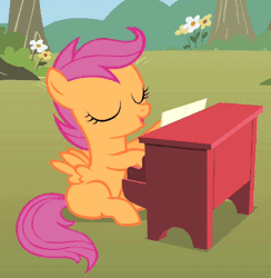 Size: 400x410 | Tagged: animated, cute, cutealoo, derpibooru import, musical instrument, piano, safe, scootaloo, screencap, scrunchy face, the show stoppers