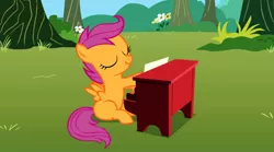 Size: 1271x707 | Tagged: derpibooru import, piano, safe, scootaloo, screencap, scrunchy face, solo, the show stoppers