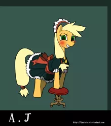 Size: 1000x1142 | Tagged: dead source, safe, artist:lentoto, derpibooru import, applejack, earth pony, pony, blushing, clothes, female, maid, mare, paint tool sai, solo, stool