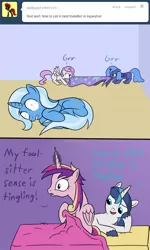 Size: 640x1064 | Tagged: suggestive, artist:tootootaloo, derpibooru import, princess cadance, princess celestia, princess luna, shining armor, trixie, alicorn, pony, unicorn, ask princess luna, bed, female, foal, foalsitter, innuendo, male, mare, stallion, tumblr, woona