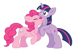 Size: 980x647 | Tagged: safe, artist:selective-yellow, derpibooru import, pinkie pie, twilight sparkle, earth pony, pony, unicorn, blush sticker, blushing, duo, eyes closed, female, lesbian, mare, nuzzling, rearing, shipping, simple background, transparent background, twinkie, unicorn twilight