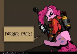 Size: 1530x1070 | Tagged: safe, artist:lentoto, derpibooru import, pinkie pie, earth pony, pony, crossover, female, flamethrower, forever, looking at you, looking back, mare, paint tool sai, pinkie pyro, pyro, sitting, solo, team fortress 2, weapon