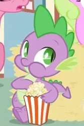 Size: 190x284 | Tagged: safe, derpibooru import, screencap, daisy, flower wishes, lily, lily valley, spike, dragon, pony, the cutie pox, baby, baby dragon, bucket, cropped, cute, eating, female, food, green eyes, hay bale, leaning, male, mare, popcorn, scales, spikabetes