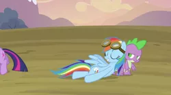 Size: 796x446 | Tagged: annoyed, derpibooru import, goggles, hurricane fluttershy, leaning, rainbow dash, safe, screencap, spike, twilight sparkle