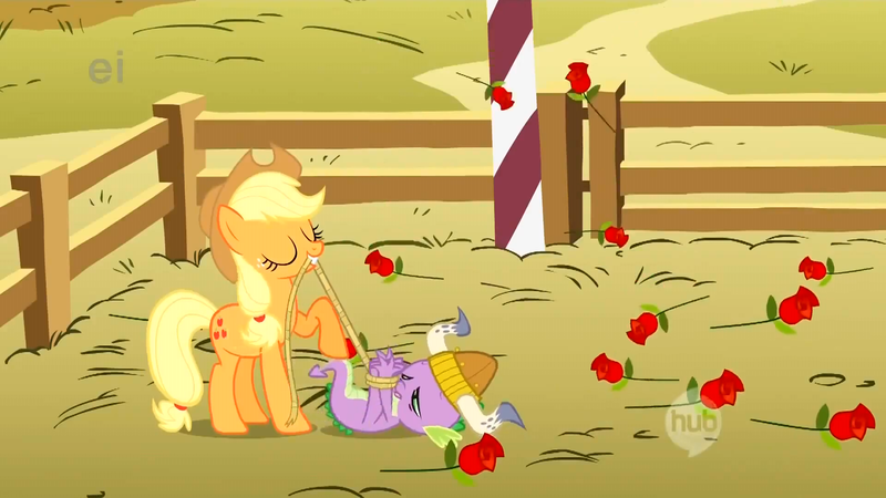 Size: 1920x1080 | Tagged: applejack, derpibooru import, fall weather friends, hogtied, rope, safe, screencap, spike, tied up