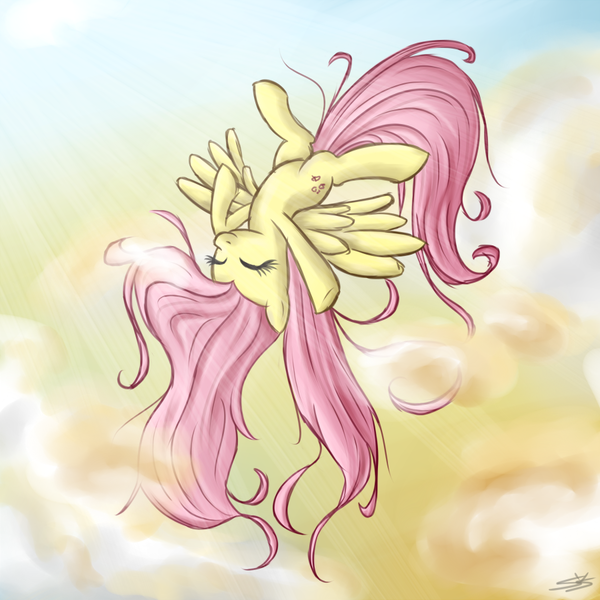 Size: 900x900 | Tagged: dead source, safe, artist:speccysy, derpibooru import, ponibooru import, fluttershy, pegasus, pony, 2011, cloud, cloudy, crepuscular rays, cute, derpibooru legacy, female, first fluttershy picture on derpibooru, flying, image, index get, mammal, mare, messy mane, milestone, one of the first, png, shyabetes, signature, sky, solo, spread wings, stretching, sunlight, sunshine, sweet dreams fuel, weapons-grade cute, wings