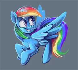 Size: 800x716 | Tagged: safe, artist:owlygem, derpibooru import, rainbow dash, pegasus, pony, female, flying, gray background, looking back, mare, photoshop, simple background, smiling, solo, spread wings, wings