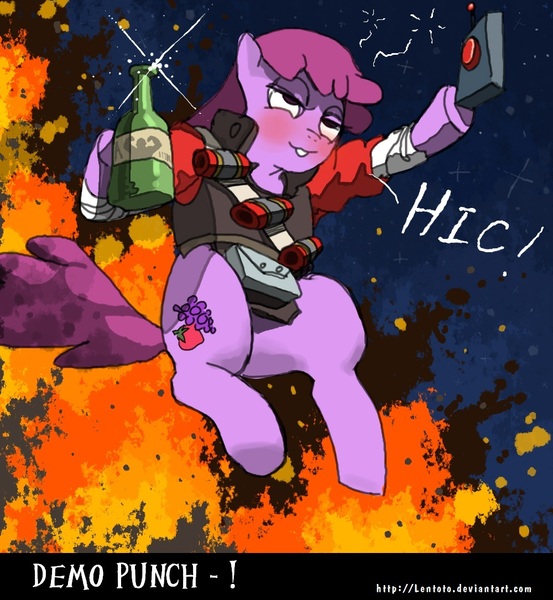 Size: 1000x1085 | Tagged: safe, artist:lentoto, derpibooru import, berry punch, berryshine, earth pony, pony, alcohol, blushing, crossover, demoman, drunk, explosion, female, mare, paint tool sai, solo, team fortress 2