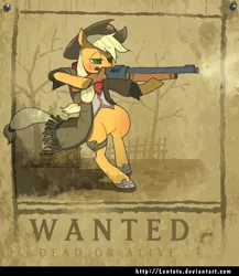 Size: 1552x1784 | Tagged: safe, artist:lentoto, derpibooru import, applejack, earth pony, pony, bipedal, clothes, female, gun, mare, paint tool sai, poster, solo, wanted poster, weapon, western, wild west
