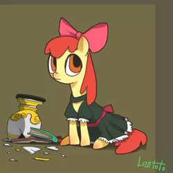 Size: 800x800 | Tagged: safe, artist:lentoto, derpibooru import, apple bloom, earth pony, pony, apple bloom's bow, book, bow, broken, broken glass, broken vase, clothes, female, filly, hair bow, maid, paint tool sai, shattered, shattered glass, simple background, sitting, solo, vase