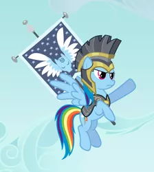 Size: 4263x4768 | Tagged: safe, artist:moonbrony, derpibooru import, commander hurricane, rainbow dash, pegasus, pony, absurd resolution, armor, floating, flying, helmet, pegasopolis, pegasus flag, solo