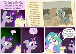 Size: 850x609 | Tagged: artist:fadri, cake, cakelestia, comic:and that's how equestria was made, derpibooru import, gabby gums, green face, hilarious in hindsight, homeless, newspaper, ponyville confidential, princess celestia, sad, safe, sympathy, trixie, trollestia, twilight sparkle