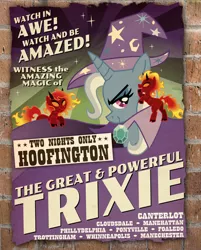 Size: 600x746 | Tagged: safe, artist:shuffle001, derpibooru import, trixie, demon pony, pony, unicorn, boast busters, brick wall, classic art, female, looking at you, mare, poster, trio, trixie's cape, trixie's hat