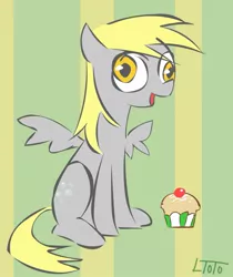 Size: 867x1031 | Tagged: safe, artist:lentoto, derpibooru import, derpy hooves, pegasus, pony, abstract background, cupcake, female, happy, mare, paint tool sai, sitting, solo