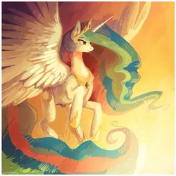 Size: 731x731 | Tagged: safe, artist:caramelbrulee, derpibooru import, princess celestia, alicorn, pony, dawn, flying, smiling, solo, spread wings, wings