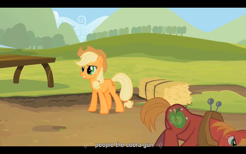 Size: 1024x640 | Tagged: safe, derpibooru import, screencap, applejack, big macintosh, earth pony, pony, sisterhooves social, male, stallion, youtube caption