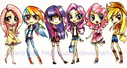 Size: 1024x549 | Tagged: applejack, artist:juaiasi, clothes, converse, derpibooru import, dress, fluttershy, humanized, pinkie pie, rainbow dash, rarity, safe, shoes, skirt, traditional art, twilight sparkle