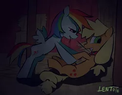 Size: 723x568 | Tagged: dead source, suggestive, artist:lentoto, derpibooru import, applejack, rainbow dash, earth pony, pegasus, pony, appledash, applesub, barn, bondage, collar, dashdom, female, femdom, femsub, leash, lesbian, mare, mouth hold, on back, paint tool sai, pet play, shipping, submissive