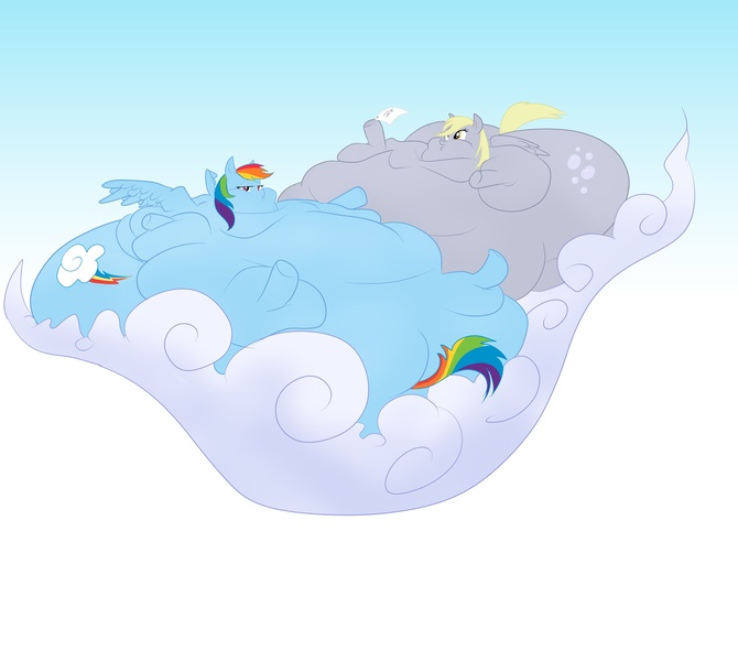 Size: 2000x1791 | Tagged: questionable, artist:art-act, derpibooru import, derpy hooves, rainbow dash, pegasus, pony, aderpose, blob, cloud, double chin, fat, female, immobile, impossibly obese, mare, morbidly obese, obese, rainblob dash