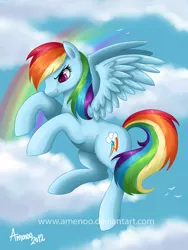 Size: 400x533 | Tagged: safe, artist:amenoo, derpibooru import, rainbow dash, bird, pegasus, pony, cloud, female, flying, mare, rainbow, signature, sky, solo