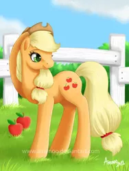 Size: 400x533 | Tagged: applejack, artist:amenoo, derpibooru import, obligatory apple, safe, solo