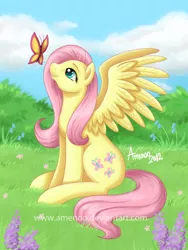 Size: 400x533 | Tagged: safe, artist:amenoo, derpibooru import, fluttershy, butterfly, pegasus, pony, female, grass, looking at something, looking up, mare, outdoors, profile, sitting, sky, smiling, solo, spread wings, wings