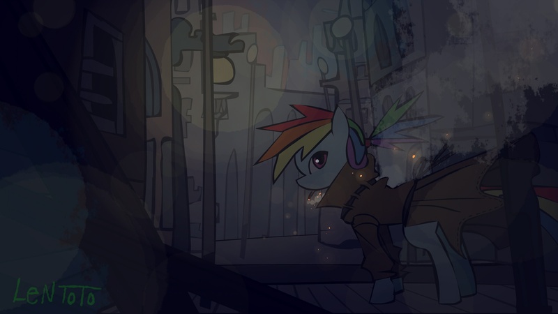 Size: 1920x1080 | Tagged: safe, artist:lentoto, derpibooru import, rainbow dash, pegasus, pony, alternate hairstyle, cigarette, city, clothes, female, mare, night, paint tool sai, profile, solo, trenchcoat, wallpaper