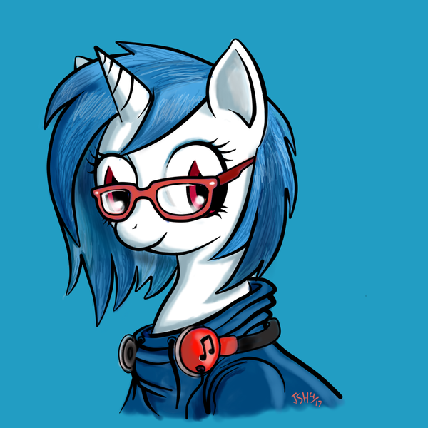 Size: 1000x1000 | Tagged: artist:turbosolid, blue background, clothes, cute, derpibooru import, glasses, headphones, hipster, hoodie, looking at you, nerd, safe, signature, simple background, smiling, solo, vinylbetes, vinyl scratch
