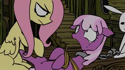 Size: 1920x1080 | Tagged: dead source, semi-grimdark, artist:lentoto, derpibooru import, angel bunny, cheerilee, fluttershy, earth pony, pegasus, pony, bondage, chains, crying, eye contact, female, flutterbitch, looking at each other, mare, scared, tied up, wallpaper