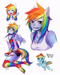 Size: 720x900 | Tagged: ambiguous facial structure, anthro, anthro with ponies, artist:reituki, bust, clothes, dashface, derpibooru import, rainbow dash, rainbow socks, safe, socks, stockings, striped socks, tanktop