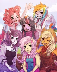 Size: 712x900 | Tagged: ambiguous facial structure, anthro, applejack, artist:reituki, cute, derpibooru import, fluttershy, looking at you, mane six, mane six opening poses, moe, one eye closed, open mouth, pinkie pie, rainbow dash, rarity, safe, twilight sparkle, wink