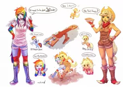 Size: 1273x900 | Tagged: safe, artist:reituki, derpibooru import, applejack, rainbow dash, anthro, earth pony, human, pegasus, pony, applebuck season, fall weather friends, look before you sleep, ambiguous facial structure, clothes, duo, duo female, female, food, humanized, mare, oooooh, pie, pony coloring, seesaw, so awesome, tailed humanization, winged humanization, wings