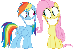 Size: 680x455 | Tagged: animated, creepy, derpibooru import, faic, fluttershy, grin, may the best pet win, rainbow dash, rapeface, safe, smiling, when you see it