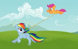 Size: 2560x1600 | Tagged: artist:capt-nemo, assisted flying, derpibooru import, rainbow dash, rope, safe, scootaloo, scootaloo can't fly, scootalove, towing