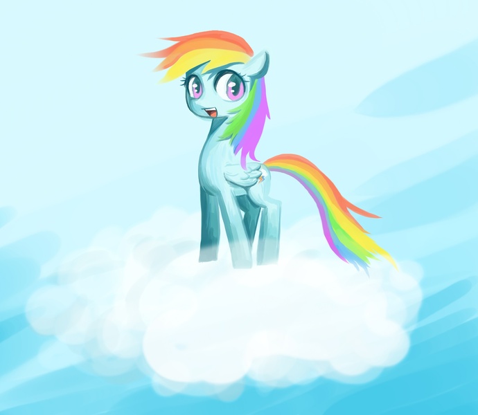 Size: 2555x2222 | Tagged: safe, artist:lentoto, derpibooru import, rainbow dash, pegasus, pony, cloud, cutie mark, female, happy, high res, hooves, mare, on a cloud, open mouth, paint tool sai, solo, standing on cloud, teeth, wings