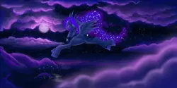 Size: 4000x2004 | Tagged: artist:bellacielo, cloud, cloudy, derpibooru import, flying, moon, night, princess luna, safe, solo