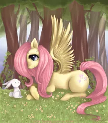 Size: 900x1024 | Tagged: dead source, safe, artist:felynea, derpibooru import, angel bunny, fluttershy, pegasus, pony, colored pupils, duo, female, forest, grass, mare, prone, spread wings, wings, wrong eye color